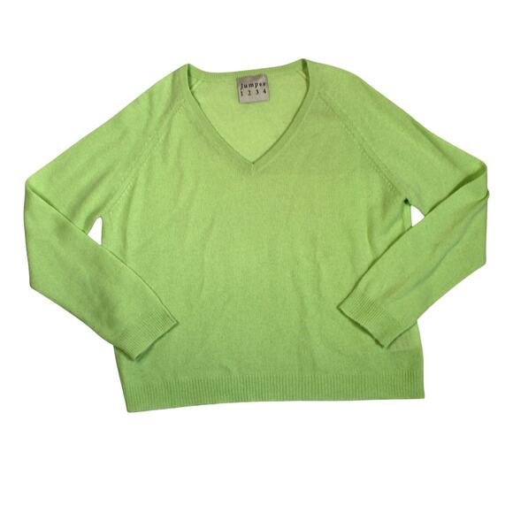 Jumper 1234 Sweater 100% Cashmere Womens Size 2 Green V Neck Lightweight Knit - Picture 1 of 6